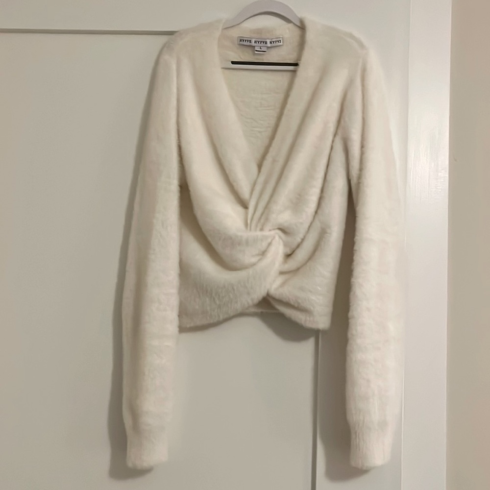 Off-white chenille sweater with knotted front and plunging neckline. So cozy!